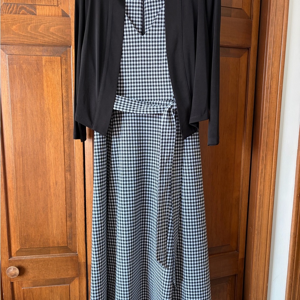Calvin Klein Black & White Mini Houndstooth Checkered Midi Dress with Shrug